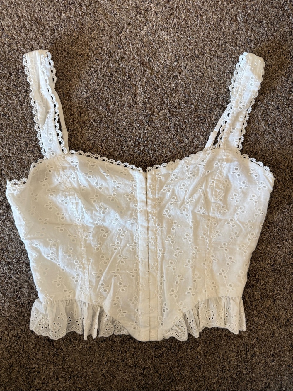 All in Favor White Eyelet Lace Bustier Crop Top with Ruffle Hem